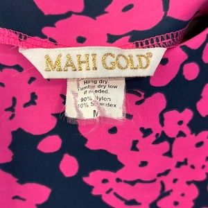 MAHI GOLD - sleeveless dress- navy with pink petals - size medium- nylon/spandex